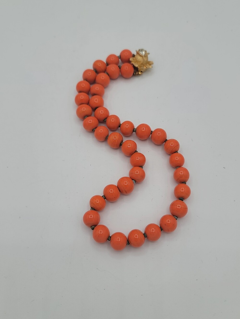 MCM Orange Jasper 10mm Bead Necklace Round Stone Beads Gold Tone Clasp 15" VTG